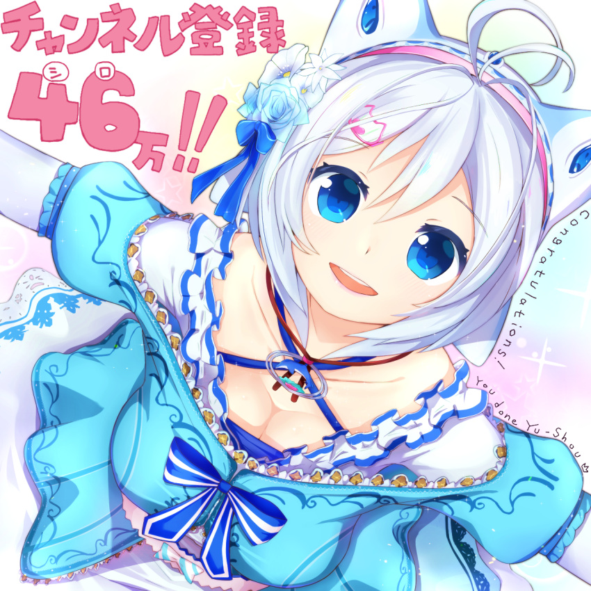 1girl akiiro blue_bow blue_dress blue_eyes blush bow breasts cleavage collarbone dennou_shoujo_youtuber_shiro dress highres large_breasts looking_at_viewer off-shoulder_dress off_shoulder open_mouth puffy_short_sleeves puffy_sleeves shiro_(dennou_shoujo_youtuber_shiro) short_hair short_sleeves smile solo upper_body white_hair