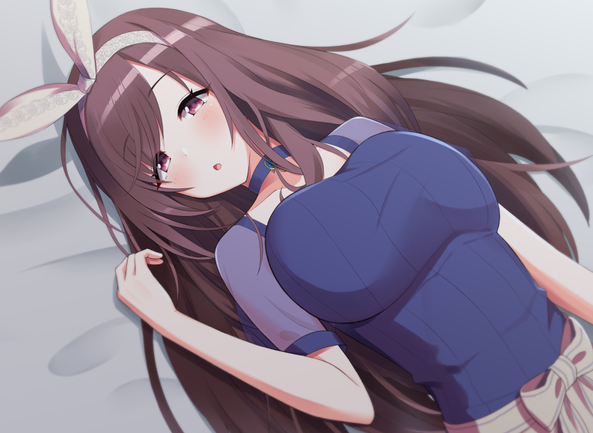 1girl bangs blue_bow blurry blush bow breasts brown_eyes brown_hair chestnut_mouth choker commentary_request depth_of_field eyebrows_visible_through_hair hair_bow idolmaster idolmaster_shiny_colors kuroshiro_(ms-2420) large_breasts long_hair looking_at_viewer lying on_back ponytail solo tsukioka_kogane upper_body