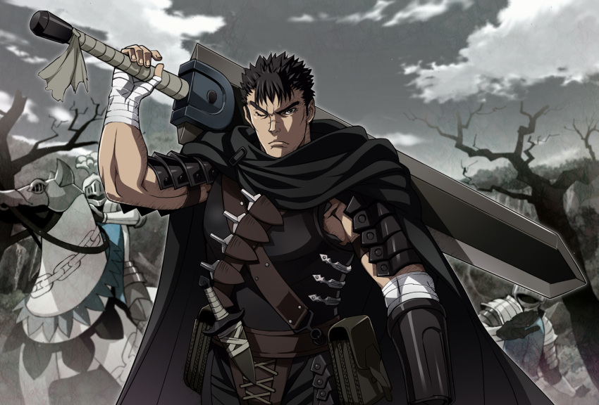 armor bandage berserk black_hair clouds day dragonslayer_(sword) grey_sky guts helmet holding holding_sword holding_weapon horse knife looking_at_viewer nyoro_(nyoronyoro000) one_eye_closed outdoors scar sheath sheathed solo_focus spiky_hair standing sword weapon