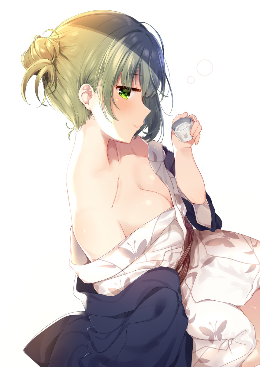 1girl bangs bare_shoulders blush breasts choko_(cup) cleavage closed_mouth collarbone commentary_request cup eyebrows_visible_through_hair fingernails green_eyes green_hair hair_between_eyes hair_bun hand_up haori highres holding holding_cup idolmaster idolmaster_cinderella_girls japanese_clothes kimono long_sleeves looking_at_viewer looking_to_the_side mafuyu_(chibi21) medium_breasts obi off_shoulder profile sash side_bun sidelocks sitting smile solo takagaki_kaede white_background white_kimono wide_sleeves