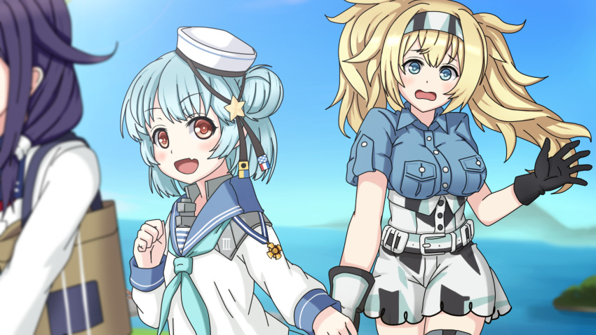 3girls blonde_hair blue_eyes blue_hair blue_sailor_collar blue_shirt breast_pocket buttons collared_shirt dixie_cup_hat double_bun gambier_bay_(kantai_collection) gloves hair_between_eyes hair_flaps hairband hand_grab hat kantai_collection karuna_(madlax) long_sleeves military_hat multicolored multicolored_clothes multicolored_gloves multiple_girls neckerchief open_mouth pocket ryuuhou_(kantai_collection) sailor_collar samuel_b._roberts_(kantai_collection) school_uniform serafuku shirt short_hair short_sleeves shorts smile taigei_(kantai_collection) twintails white_hat white_shirt