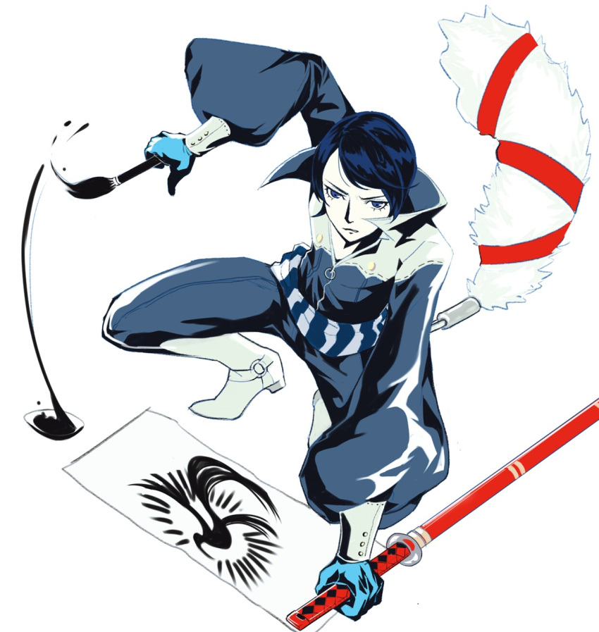 1boy black_hair blue_hair brush highres houhou_(pixiv4771938) kitagawa_yuusuke paper persona persona_5 solo sword weapon