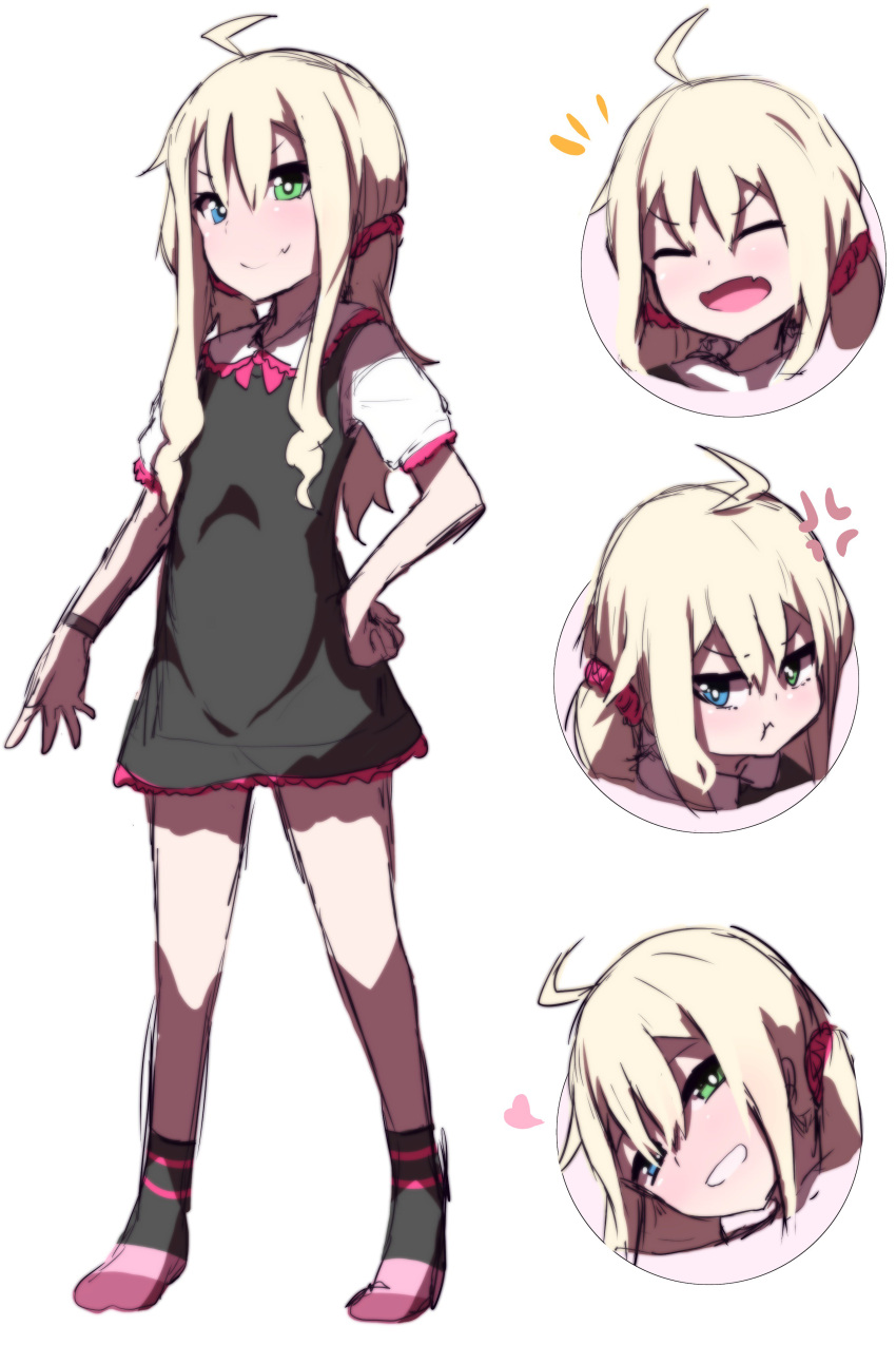 1girl :d :t absurdres ahoge anger_vein bangs black_dress black_legwear blonde_hair blue_eyes blush closed_mouth commentary_request dress eyebrows_visible_through_hair fang fang_out green_eyes grin hair_between_eyes hair_ornament hair_scrunchie heart hetero highres long_hair looking_at_viewer multiple_views no_shoes open_mouth original pout protected_link red_scrunchie scrunchie shirt short_sleeves sidelocks sleeveless sleeveless_dress smile socks standing striped striped_legwear wada_kazu white_background white_shirt