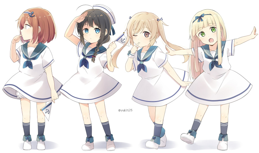 4girls :o ahoge anchor_hair_ornament blonde_hair bloomers blue_eyes blue_neckwear braid brown_hair dress finger_to_mouth green_eyes hair_ornament hair_over_shoulder hair_ribbon hairband hat highres kantai_collection kneehighs light_brown_hair long_hair looking_at_viewer looking_to_the_side mini_flag multiple_girls murasame_(kantai_collection) neckerchief one_eye_closed outstretched_arms ribbon sailor_collar sailor_dress sailor_hat salute shigure_(kantai_collection) shiratsuyu_(kantai_collection) shoes short_hair short_sleeves simple_background single_braid spread_arms twintails twitter_username underwear white_background white_dress younger yukichi_(eikichi) yuudachi_(kantai_collection)