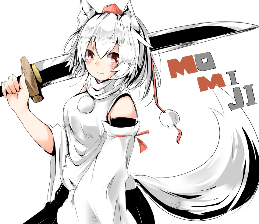 1girl animal_ears blush character_name fang highres holding holding_weapon houkai_(collapse_illust) huge_weapon inubashiri_momiji sketch smile solo sword tail touhou weapon white_background white_hair wolf_ears wolf_tail