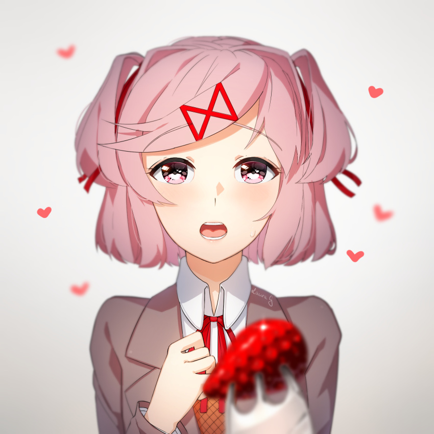 1girl bangs blurry blurry_foreground blush commentary depth_of_field doki_doki_literature_club english_commentary eyebrows_visible_through_hair food fork fruit hair_ornament hair_ribbon hairclip heart highres looking_at_viewer natsuki_(doki_doki_literature_club) open_mouth pink_eyes pink_hair pov pov_feeding red_ribbon ribbon sasoura school_uniform short_hair simple_background solo strawberry swept_bangs two_side_up upper_body white_background