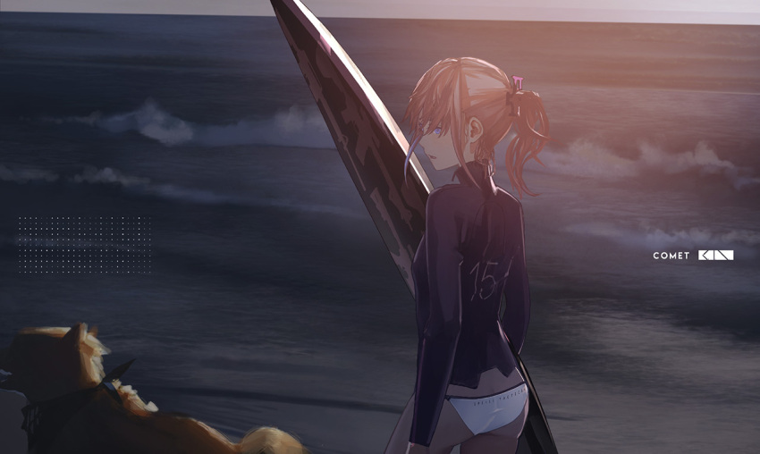 1girl alternate_costume ass bangs beach bikini blue_eyes casual clothes_writing dog from_behind girls_frontline hair_between_eyes hair_ornament holding_surfboard lin+ long_hair looking_at_viewer multicolored_hair ocean parted_lips pink_hair ponytail rash_guard sand scarf sidelocks st_ar-15_(girls_frontline) streaked_hair sunset surfboard swimsuit text_focus thighs water waves white_bikini