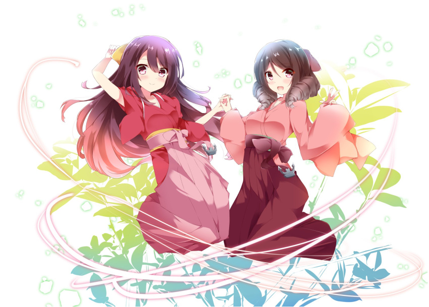 bow brown_hair drill_hair floral_background fuuna hand_holding harukaze_(kantai_collection) highres japanese_clothes kamikaze_(kantai_collection) kantai_collection kimono looking_at_viewer open_mouth pink_kimono red_bow red_eyes red_kimono smile yellow_bow