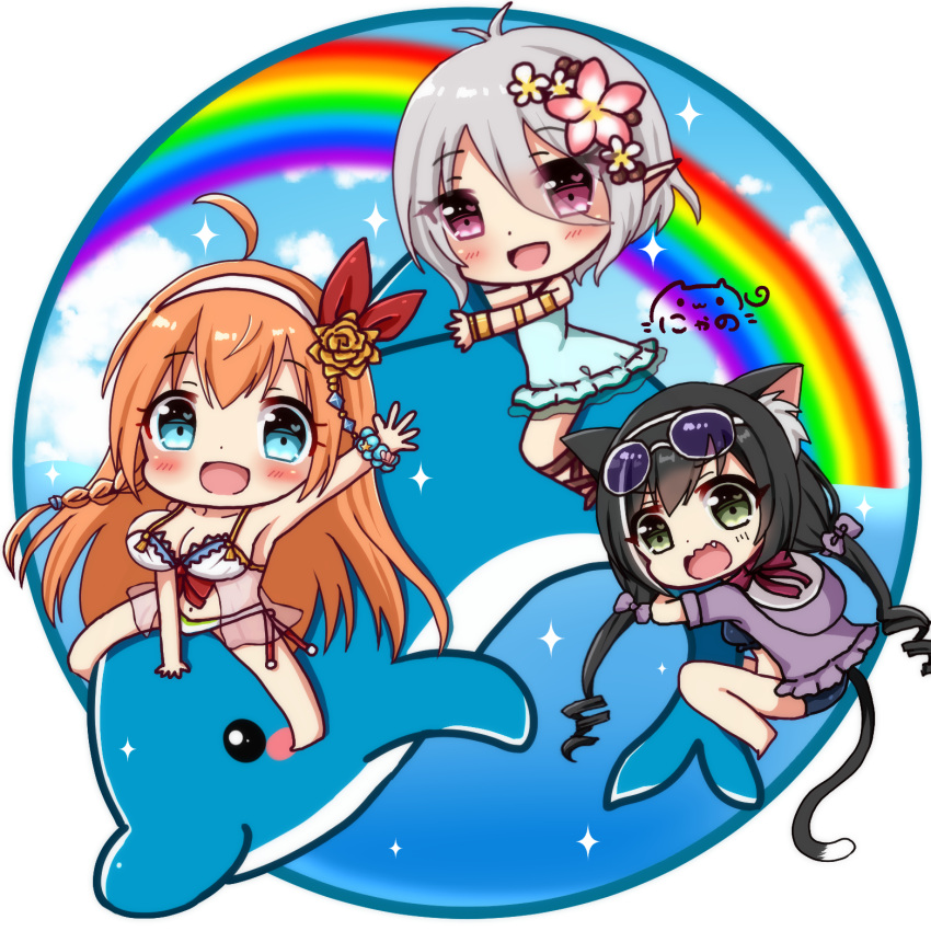 3girls ahoge animal animal_ears antenna_hair bangs bare_arms bare_shoulders bikini black_hair blue_bikini blue_eyes blue_scrunchie blue_sky blue_swimsuit blush blush_stickers bow breasts cat_ears cat_girl cat_tail chibi clouds cloudy_sky collarbone commentary_request day dolphin eyebrows_visible_through_hair eyewear_on_head flower green_eyes grey_hair hair_between_eyes hair_bow hair_flower hair_ornament hair_ribbon hairband highres hood hood_down hooded_jacket jacket kokkoro_(princess_connect!) kyaru_(princess_connect) large_breasts light_brown_hair long_hair looking_at_viewer low_twintails multiple_girls navel nyano21 outdoors pecorine pink_flower pointy_ears princess_connect!_re:dive purple-tinted_glasses purple_bow purple_jacket rainbow red_eyes red_ribbon ribbon riding rose scrunchie short_sleeves signature silver-framed_eyewear sky sparkle star sunglasses swimsuit tail twintails very_long_hair white_background white_bow white_flower white_hairband wrist_scrunchie yellow_flower yellow_rose