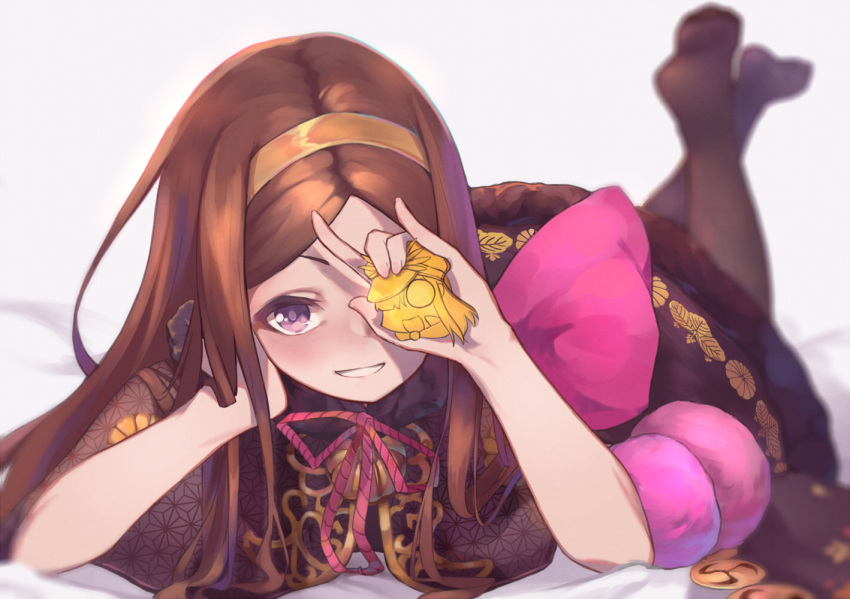 1girl :d arm_support arm_up asa_no_ha_(pattern) bangs bed_sheet blurry blurry_background blush brown_capelet brown_dress brown_hair brown_legwear capelet chacha_(fate/grand_order) commentary_request depth_of_field dress fate/grand_order fate_(series) fingernails grin hairband legs_up long_hair looking_at_viewer lying no_shoes oda_nobunaga_(fate) on_stomach one_eye_covered open_mouth pantie_painting pantyhose parted_bangs puffy_short_sleeves puffy_sleeves short_sleeves smile soles solo v-shaped_eyebrows very_long_hair violet_eyes