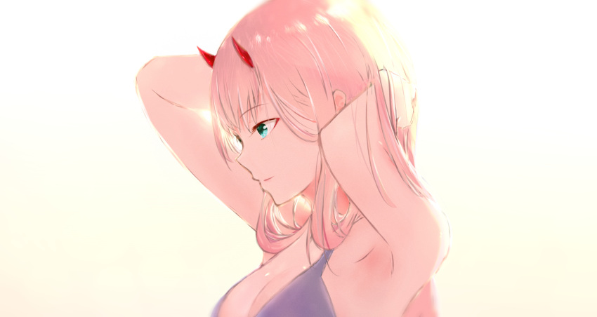 1girl aqua_eyes armpits arms_up blue_bra bra darling_in_the_franxx eyebrows_visible_through_hair hands_in_hair highres horns long_hair pink_hair profile red_horns solo teataster underwear zero_two_(darling_in_the_franxx)