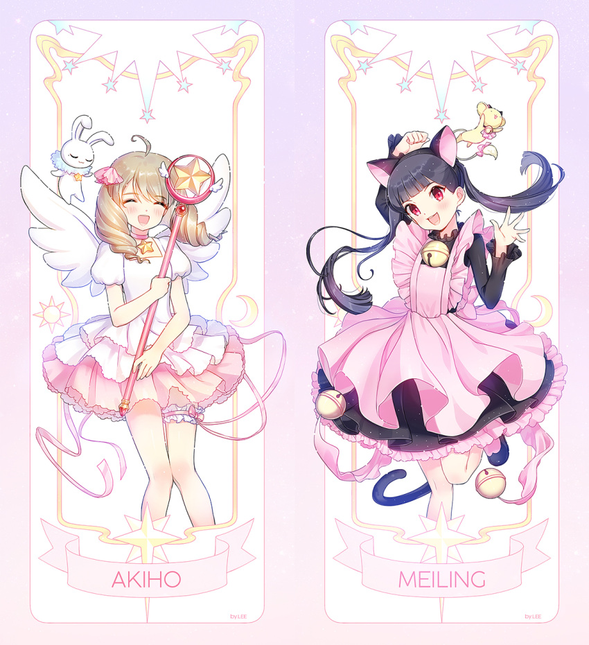 2girls angel_wings animal_ears arm_up bell black_dress black_hair brown_hair card_captor_sakura cat_ears cat_tail character_name choker closed_eyes dress drill_hair fake_animal_ears highres holding holding_wand hoshi_no_tsue jingle_bell kangyui kero li_meiling long_hair multiple_girls one_eye_closed open_mouth pink_dress red_eyes shinomoto_akiho short_dress smile staff standing standing_on_one_leg star tail twintails wand wings