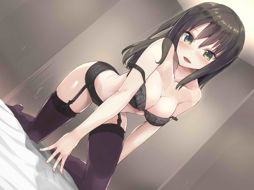 1girl all_fours bed bent_over black_bra black_hair black_legwear black_panties bra breasts commentary_request dutch_angle eyebrows_visible_through_hair garter_belt garter_straps green_eyes highres lace lace-trimmed_panties large_breasts long_hair looking_at_viewer on_bed open_mouth original panties solo tenrai thigh-highs underwear underwear_only