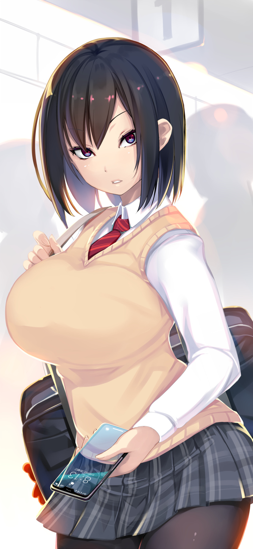 1girl absurdres black_hair bob_cut breasts cellphone highres large_breasts looking_at_viewer necktie original phone pleated_skirt school_uniform shiki_(psychedelic_g2) short_hair skirt smartphone solo thigh-highs violet_eyes