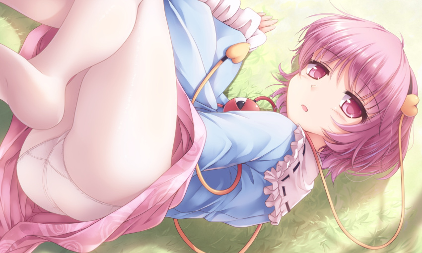 1girl ass blue_shirt commentary_request eyeball eyebrows_visible_through_hair floral_print frilled_shirt_collar frilled_sleeves frills grass hairband heart highres komeiji_satori legs_up long_sleeves looking_at_viewer lying lzh no_shoes open_mouth panties panties_under_pantyhose pantyhose pink_eyes pink_hair pink_skirt print_skirt shirt short_hair skirt solo third_eye touhou underwear white_legwear wide_sleeves