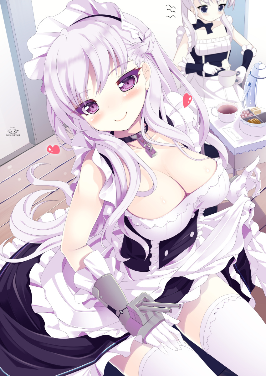 2girls absurdres apron apron_lift azur_lane belchan_(azur_lane) belfast_(azur_lane) blue_dress blue_eyes braid breasts chains cleavage collar commentary_request cup dress dress_lift gloves heart highres large_breasts lifted_by_self long_hair maid_headdress multiple_girls natsumiya_yuzu silver_hair sitting smile spoon tea teacup teapot thigh-highs violet_eyes waist_apron white_gloves white_legwear