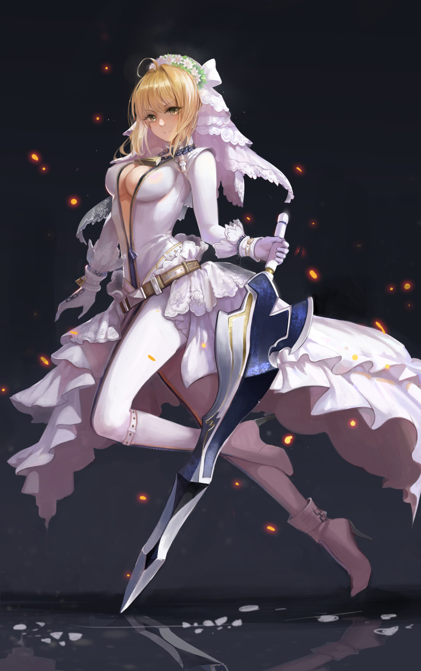 1girl absurdres aestus_estus ahoge bangs belt blonde_hair bodysuit boots breasts bridal_veil chains cleavage covered_nipples eyebrows_visible_through_hair fate/extra fate/extra_ccc fate/grand_order fate_(series) flower from_side full_body gloves green_eyes hair_intakes high_heel_boots high_heels highres holding holding_sword holding_weapon kirbyheimi lock looking_at_viewer medium_breasts nero_claudius_(bride)_(fate) nero_claudius_(fate)_(all) partially_unzipped reflection short_hair smile solo sword veil weapon white_bodysuit white_footwear white_gloves wreath wrist_cuffs zipper