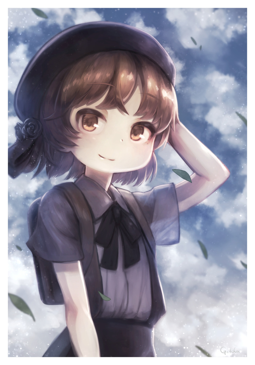 1girl artist_name black_hat blush brown_eyes brown_hair closed_mouth collared_shirt day eyebrows_visible_through_hair gotcha_(artist) hat hatoba_tsugu hatoba_tsugu_(character) highres leaf looking_at_viewer outdoors shirt short_hair short_sleeves signature smile solo upper_body virtual_youtuber