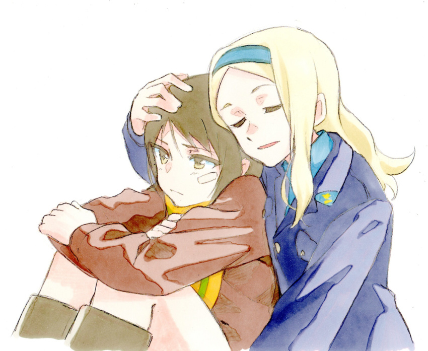2girls aleksandra_i_pokryshkin bandage bandage_on_face bangs blonde_hair blue_hairband bomber_jacket brave_witches brown_hair brown_jacket buttons closed_eyes closed_mouth crossed_arms eyebrows eyebrows_visible_through_hair frown hairband hand_on_another's_head jacket kanno_naoe long_hair long_sleeves military military_uniform multiple_girls open_mouth orange_scarf parted_bangs scarf shiratama_(hockey) short_hair simple_background sitting traditional_media uniform white_background world_witches_series yellow_eyes