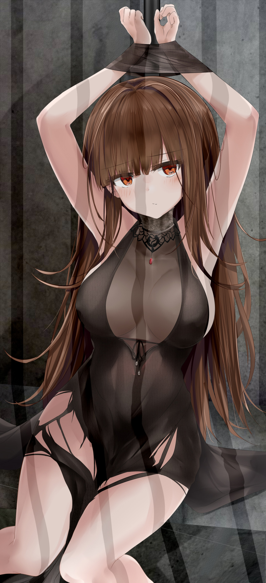 1girl absurdres alternate_costume armpits arms_up bangs bare_shoulders black_dress blunt_bangs blush bound bound_arms breasts brown_hair closed_mouth dress dsr-50_(girls_frontline) eyebrows_visible_through_hair girls_frontline groin hair_ornament highres jewelry large_breasts long_hair looking_at_viewer pendant prison_cell red_eyes ru_zhai ruby_(stone) see-through sideboob sidelocks sitting solo thighs torn_clothes very_long_hair