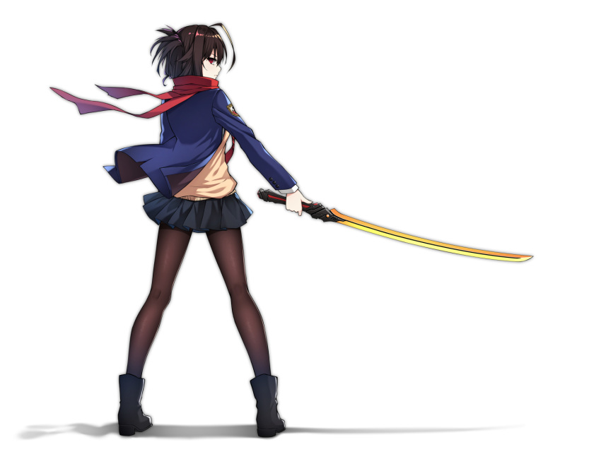 1girl ahoge black_footwear black_hair black_skirt boots brown_legwear commentary english_commentary full_body healther highres katana original pantyhose pleated_skirt profile red_eyes red_scarf scarf school_uniform serious simple_background skirt solo standing sword weapon white_background