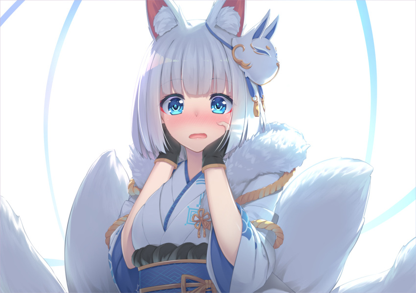 1girl animal_ears azur_lane backlighting bangs black_gloves blue_eyes blunt_bangs blush bob_cut commentary eyebrows_visible_through_hair eyeliner fingerless_gloves flower_knot fox_ears fox_mask fox_tail fur_collar gloves hands_on_own_cheeks hands_on_own_face hands_up japanese_clothes kaga_(azur_lane) kimono kitsune long_sleeves looking_at_viewer makeup mask mask_on_head multiple_tails nose_blush obi olive_(laai) open_mouth print_kimono raised_eyebrows rope sash shimenawa short_hair solo tail upper_body white_background white_hair white_kimono