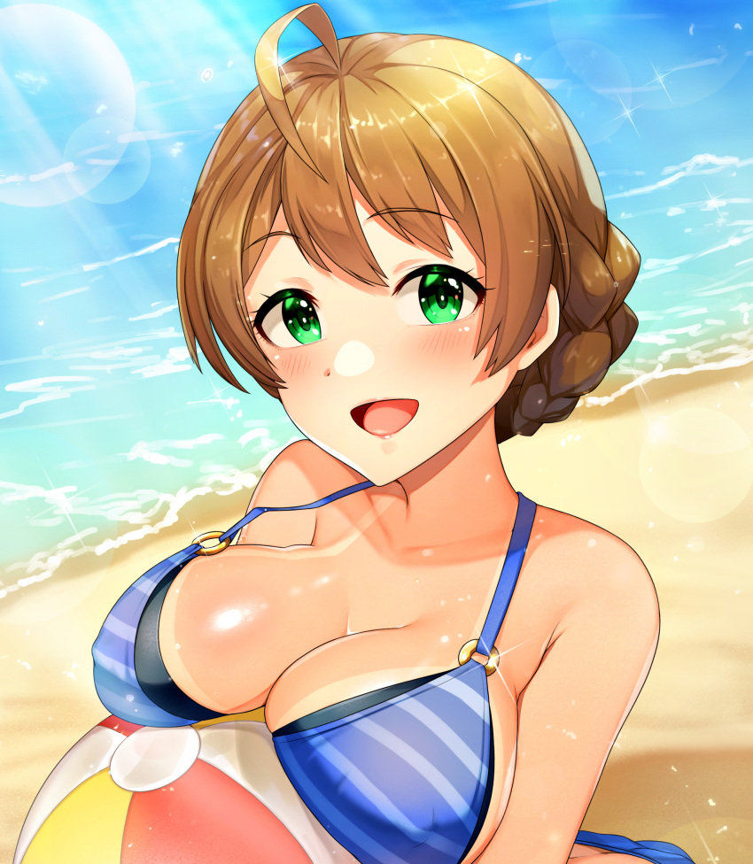 1girl absurdres ahoge ball bangs bare_shoulders beach beachball bikini blue_bikini blush braid breasts cleavage collarbone eyebrows_visible_through_hair green_eyes hair_between_eyes highres holding idolmaster idolmaster_million_live! idolmaster_million_live!_theater_days jai_(whany1998) large_breasts light_brown_hair looking_at_viewer o-ring ocean open_mouth sakuramori_kaori shiny shiny_hair smile solo sparkle striped striped_bikini sunlight swimsuit tan tanline tied_hair