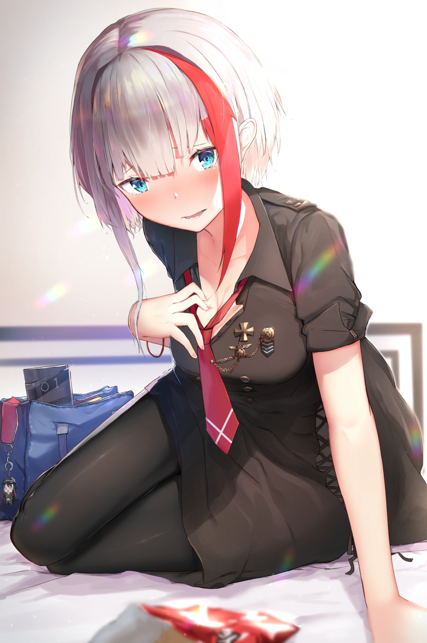 1girl absurdres admiral_graf_spee_(azur_lane) alternate_costume arm_support azur_lane bag bangs bed bed_sheet black_dress black_legwear blue_eyes blunt_bangs blush bracelet breasts casual commentary_request dress eyebrows_visible_through_hair hand_on_own_chest highres isaka_wasabi jewelry looking_at_viewer medal multicolored_hair necktie open_mouth pantyhose red_neckwear redhead short_hair short_sleeves sidelocks silver_hair sitting skindentation small_breasts smile solo streaked_hair tearing_up