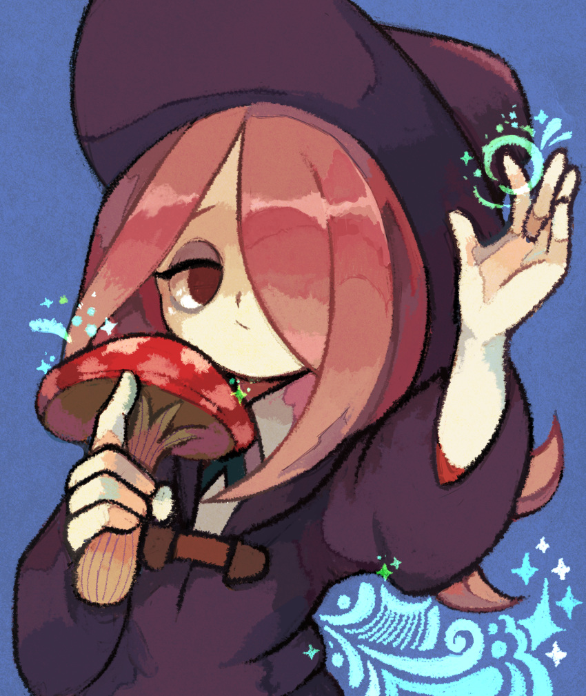 1girl :/ bags_under_eyes blue_background closed_mouth dress hair_over_one_eye half-closed_eyes hand_up hat highres holding holding_mushroom index_finger_raised little_witch_academia long_hair long_sleeves mushroom pink_hair purple_dress purple_hat red_eyes solo sparkle sucy_manbavaran upper_body witch_hat yukino_super
