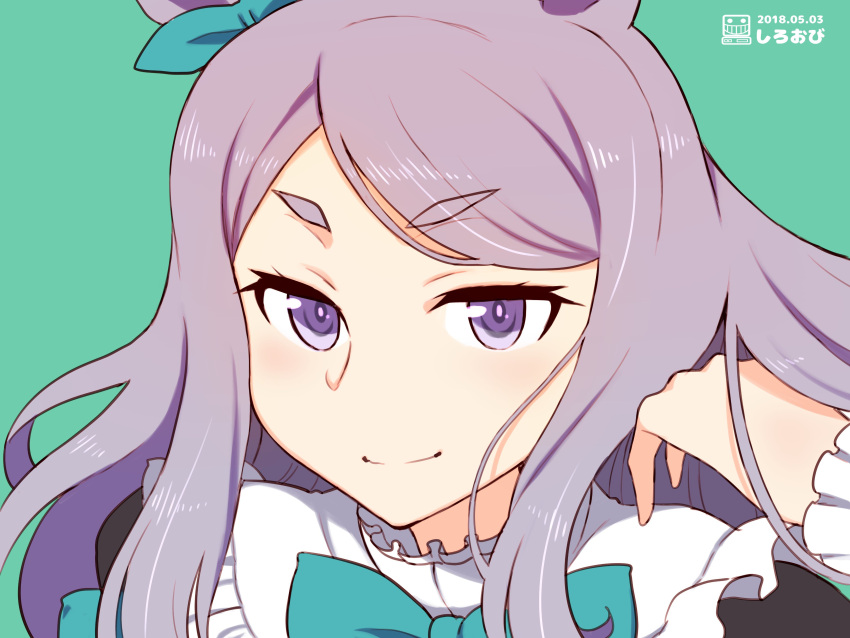 1girl absurdres animal_ears artist_request bangs bow bowtie close-up collar eyebrows_visible_through_hair frilled_collar frills hair_flip highres horse_ears light_smile long_hair mejiro_mcqueen portrait purple_hair short_eyebrows simple_background smile solo swept_bangs umamusume violet_eyes