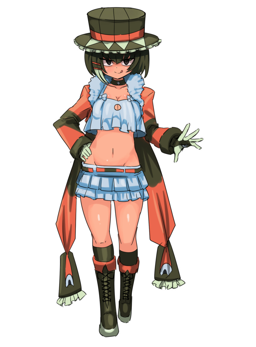 1girl barbaracle black_choker boots borokuro breasts brown_eyes brown_footwear brown_hat choker cleavage cross-laced_footwear full_body gloves groin hair_ornament hairclip hand_on_hip hat highres knee_boots licking_lips looking_at_viewer midriff multicolored_hair personification pokemon small_breasts smile solo standing striped_sleeves tongue tongue_out two-tone_hair white_gloves