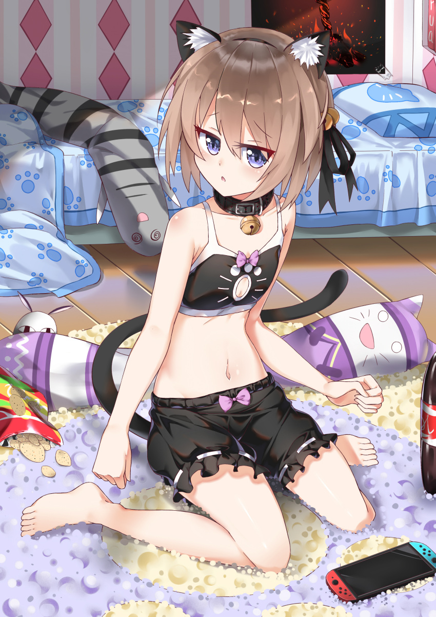 1girl absurdres alternate_costume animal_ears animal_print bare_legs bare_shoulders barefoot bed bell bell_collar black_bra black_shorts blanc blue_eyes bottle bra breasts brown_hair cat_ears cat_print cat_tail chips cleavage clenched_hands collar food gala_king hair_bell hair_ornament highres indoors looking_at_viewer navel neptune_(series) nintendo_switch open_mouth paw_print poster_(object) seiza short_hair short_shorts shorts sitting sitting_on_floor small_breasts solo stuffed_animal stuffed_cat stuffed_toy tail underwear