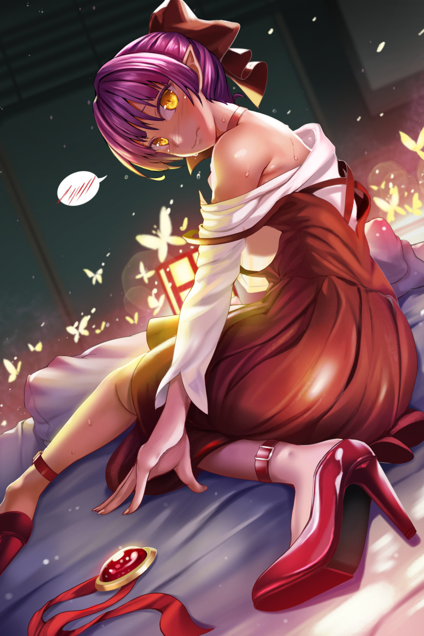 1girl bare_shoulders blush brooch bug butterfly choker closed_mouth dress dripping dutch_angle from_side gegege_no_kitarou hair_bun hair_ribbon hasaya high_heels highres insect jewelry lantern lens_flare long_sleeves looking_at_viewer looking_back nekomusume nekomusume_(gegege_no_kitarou_6) nose_blush off_shoulder pointy_ears purple_hair red_dress red_footwear red_ribbon ribbon shirt sitting solo spoken_blush sweat white_shirt yellow_eyes