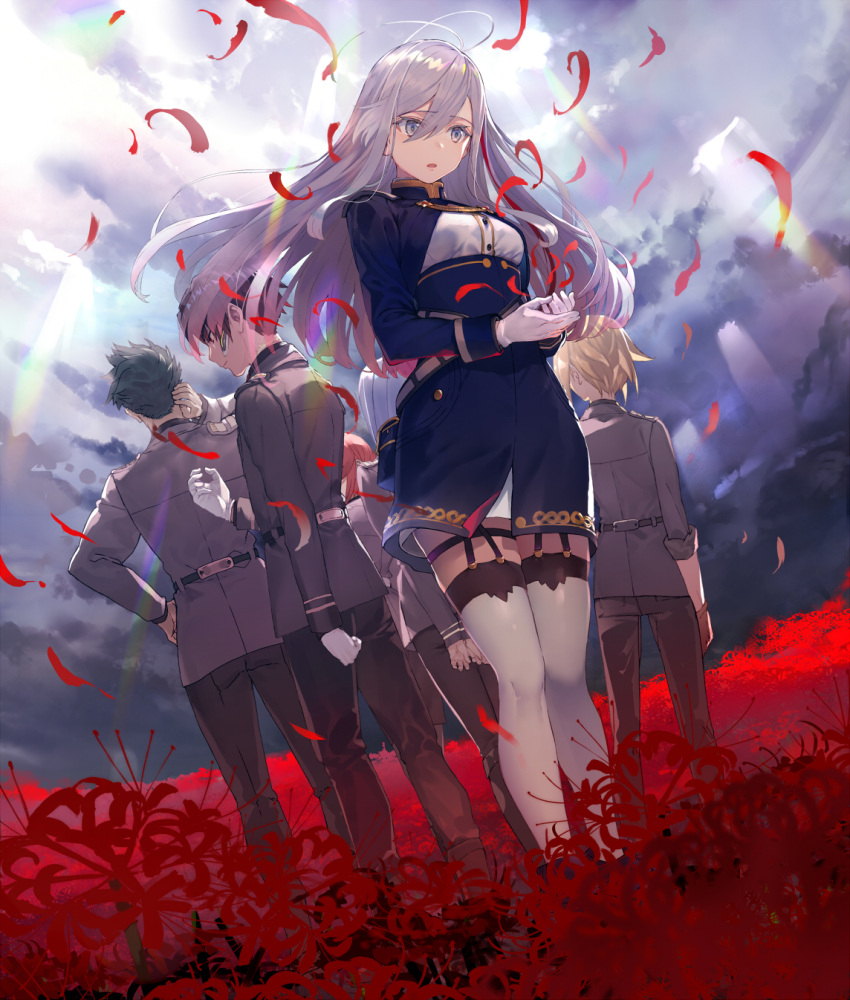 3boys 3girls 86_-eightysix- angel_emma black_hair blonde_hair blue_eyes commentary_request dress garter_straps gloves hair_between_eyes highres krena_kukumira long_hair long_sleeves military military_uniform multiple_boys multiple_girls orange_hair raiden_suga seoto_rikka shinei_nouzen shirabi silver_hair thigh-highs uniform vladilena_millize white_gloves white_legwear