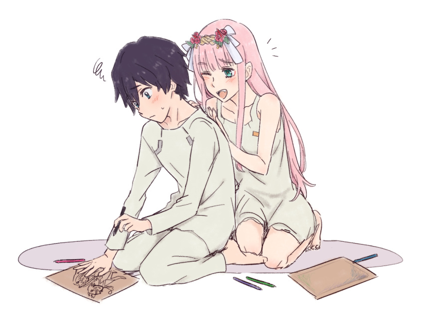 1boy 1girl bare_shoulders black_hair blue_eyes blush commentary couple darling_in_the_franxx drawing eyebrows_visible_through_hair fangs flower fringe green_eyes hair_flower hair_ornament hand_on_another's_back hetero hiro_(darling_in_the_franxx) holding holding_pencil horns k_016002 long_hair long_sleeves nightgown one_eye_closed oni_horns pajamas paper pencil pink_hair red_horns seiza short_hair sitting sleeveless sweatdrop zero_two_(darling_in_the_franxx)
