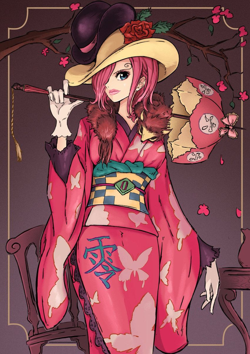 1girl alternate_costume animal blue_eyes branch breasts chair flower gloves hair_over_one_eye hat hat_ornament highres holding holding_umbrella japanese_clothes kimono large_breasts lips lipstick long_sleeves makeup obi one_piece patterned_clothing pink_hair pink_kimono pink_lips sash sherumaru_(korcht06) sidelocks standing table umbrella vinsmoke_reiju white_gloves wide_sleeves
