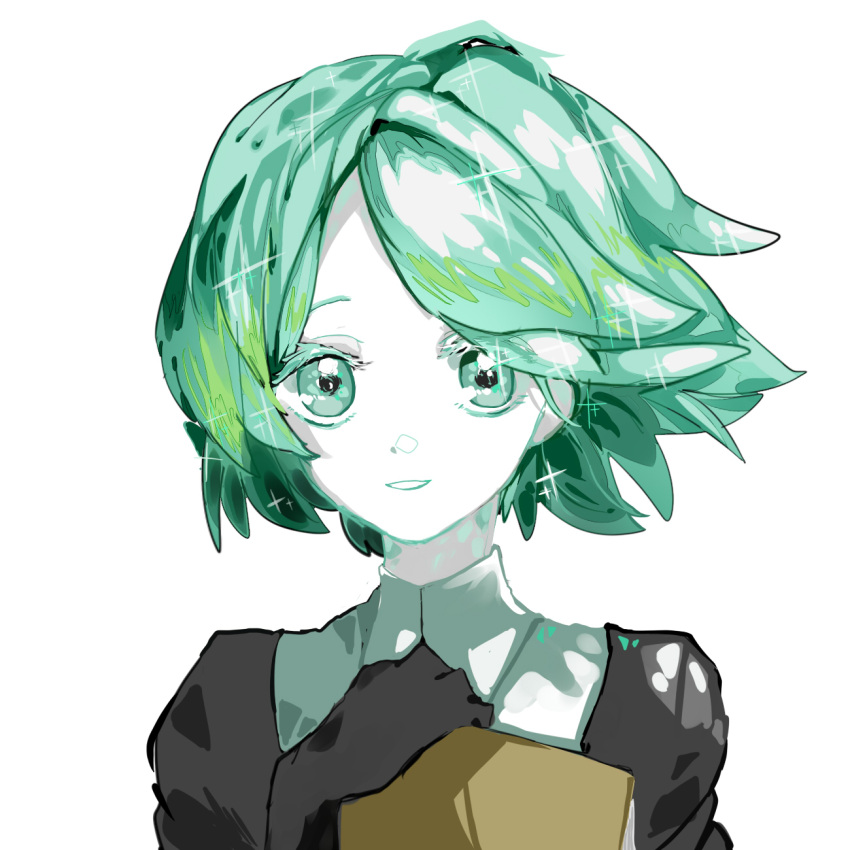 1other androgynous clipboard colored_eyelashes gem_uniform_(houseki_no_kuni) gloves green_eyes green_hair highres houseki_no_kuni looking_at_viewer phosphophyllite short_hair smile solo sparkle upper_body white_background