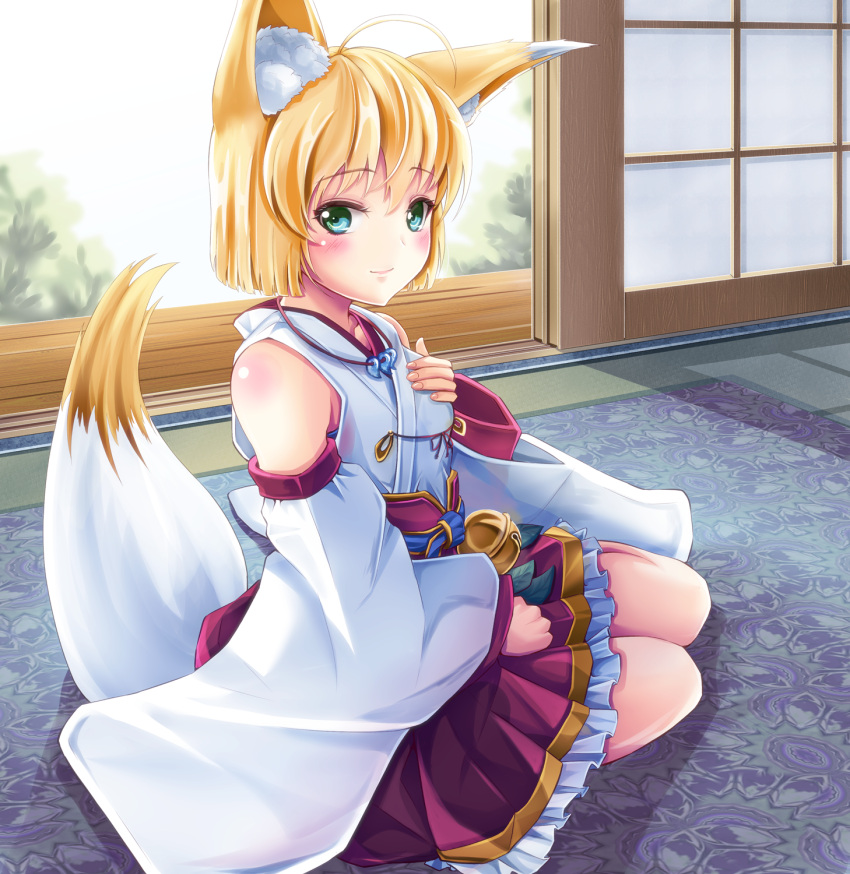 1girl ahoge animal_ears bangs bare_shoulders bell blonde_hair blush breasts closed_mouth commentary_request day detached_sleeves eyebrows_visible_through_hair fingernails fox_ears fox_girl fox_tail frilled_skirt frills green_eyes hair_between_eyes highres indoors japanese_clothes jingle_bell kimono long_sleeves looking_at_viewer looking_to_the_side magatama magatama_necklace original pleated_skirt purple_skirt short_hair short_kimono sitting skirt sleeveless sleeveless_kimono small_breasts smile solo sunlight tail white_kimono wide_sleeves yumibakama_meme