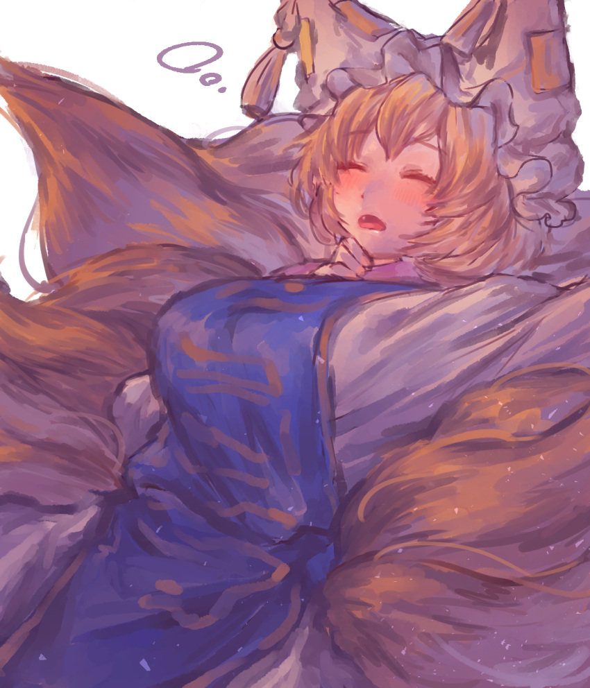 1girl bangs blonde_hair breasts closed_eyes eyebrows_visible_through_hair fang fox_tail hat highres large_breasts masanaga_(tsukasa) mob_cap multiple_tails open_mouth short_hair simple_background sleeping solo tabard tail touhou white_background yakumo_ran