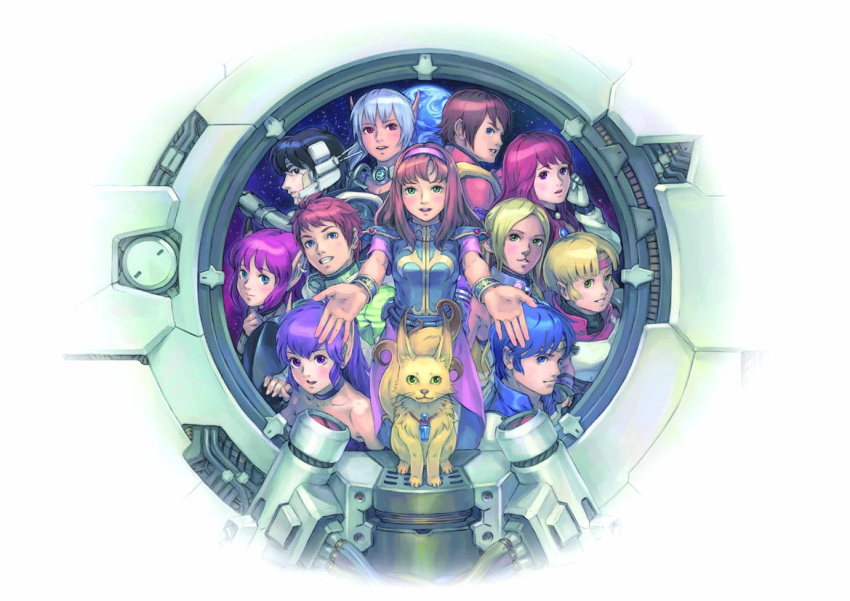 absolutely_everyone alisa_landeel armor artist_request bandanna bernie_(phantasy_star_online) blonde_hair blue_hair brown_hair cable choker cyborg epic eusis_landale everyone fal_(phantasy_star) fantasy headgear long_hair looking_at_viewer machinery multiple_boys multiple_girls myau_(phantasy_star) nei official_art open_hands outstretched_arms phantasy_star phantasy_star_i phantasy_star_ii phantasy_star_iii phantasy_star_iv phantasy_star_online planet pointy_ears promotional_art purple_hair redhead related rudy_ashure science_fiction searren_(phantasy_star) sega space spacecraft_interior star_(sky) tagme window