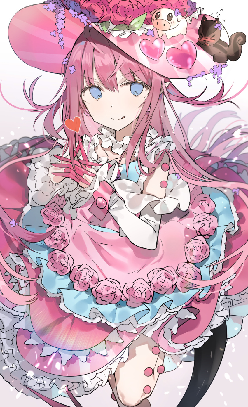 1girl blue_eyes dress elizabeth_bathory_(fate) elizabeth_bathory_(fate)_(all) fate/grand_order fate_(series) frilled_dress frills hat highres long_hair pink_hair pointy_ears tail yuuko_(030_yuko)