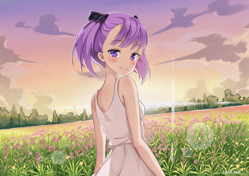 1girl absurdres blush clouds dress fate/grand_order fate_(series) flower from_behind helena_blavatsky_(fate/grand_order) highres long_hair looking_back outdoors purple_hair ribbon ryan_edian sky smile solo sundress twintails upper_body violet_eyes white_dress