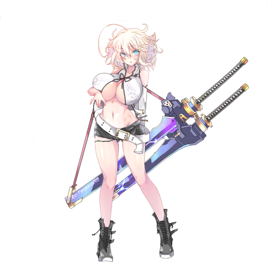 1girl ahoge belt blonde_hair blue_eyes blush boots breasts buckle character_request copyright_request highres large_breasts looking_at_viewer messy_hair navel open_mouth rota-san sheath sheathed short_hair short_shorts shorts solo standing strap sword under_boob weapon
