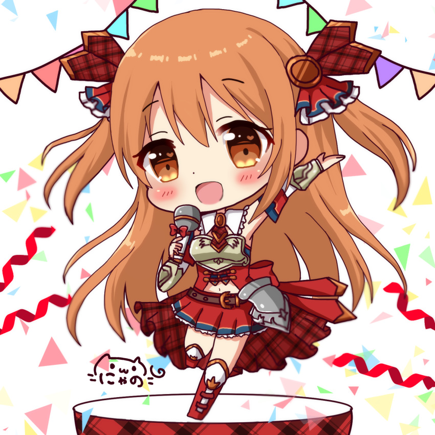 1girl :d bangs belt_buckle blush boots bow brown_belt brown_eyes brown_hair buckle character_request chibi commentary_request detached_sleeves eyebrows_visible_through_hair hair_between_eyes hair_ribbon head_tilt heart heart_in_eye highres holding holding_microphone knee_boots long_hair long_sleeves looking_at_viewer microphone navel nyano21 open_mouth outstretched_arm pennant plaid plaid_ribbon pleated_skirt princess_connect! princess_connect!_re:dive red_bow red_footwear red_ribbon red_shirt red_skirt ribbon shirt signature skirt smile solo standing standing_on_one_leg string_of_flags symbol_in_eye two_side_up very_long_hair white_background