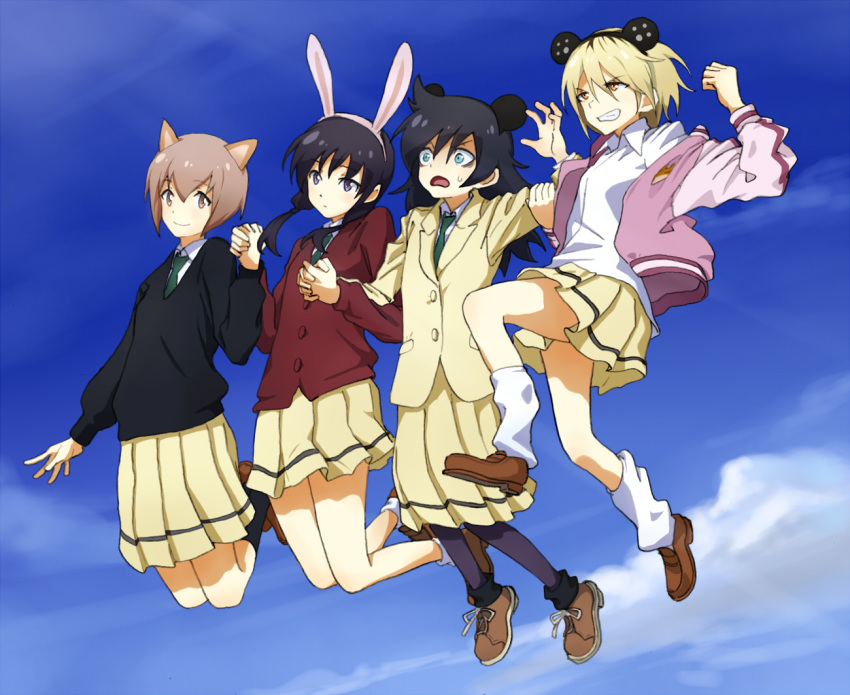 4girls animal_ears aqua_eyes bags_under_eyes bangs black_hair black_hairband black_legwear blonde_hair blue_sky brown_eyes brown_footwear brown_hair cat_ears closed_mouth clouds collared_shirt d: day fake_animal_ears full_body green_neckwear grin hair_between_eyes hairband hand_holding intravenous_drip jacket kirara_jump knees_together_feet_apart kuroki_tomoko loafers long_hair long_skirt long_sleeves loose_socks low_twintails midair miniskirt mouse_ears multicolored_hair multiple_girls necktie open_clothes open_jacket open_mouth orange_eyes outdoors pantyhose pink_hairband pink_jacket pleated_skirt purple_legwear rabbit_ears school_uniform shiratama_(hockey) shirt shoes short_hair skirt sky smile socks sweatdrop tamura_yuri tanaka_mako teeth tongue twintails two-tone_hair v-shaped_eyebrows violet_eyes watashi_ga_motenai_no_wa_dou_kangaetemo_omaera_ga_warui! white_shirt yellow_jacket yellow_skirt yoshida_masaki