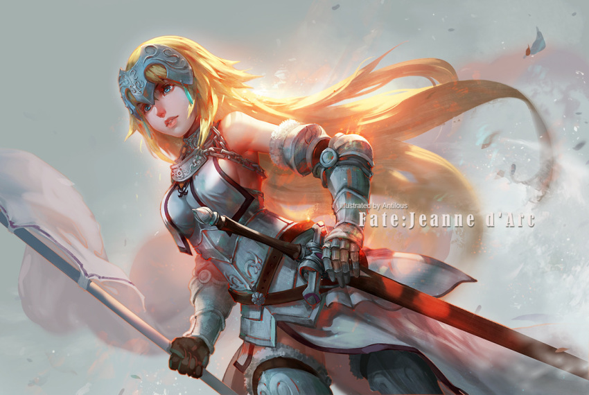 1girl antilous armor armored_dress backlighting bare_shoulders black_gloves blonde_hair blue_eyes braid breasts chains fate/apocrypha fate/grand_order fate_(series) flag gauntlets gloves hand_on_hip headpiece jeanne_d'arc_(fate) jeanne_d'arc_(fate)_(all) lips long_hair making_of medium_breasts nose polearm scabbard sheath sheathed sideboob single_braid solo standing sword thigh-highs very_long_hair weapon
