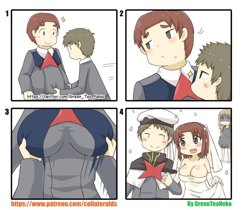 /\/\/\ 2boys 2girls :d absurdres artist_name bangs bare_shoulders belly_grab beret black_eyes blush breasts brown_hair bulge cleavage closed_mouth comic commentary_request darling_in_the_franxx dress elbow_gloves eyebrows_visible_through_hair futoshi_(darling_in_the_franxx) genderswap genderswap_(mtf) gloves greenteaneko grey_eyes grey_jacket hair_between_eyes hat highres jacket kokoro_(darling_in_the_franxx) large_breasts light_brown_hair long_hair long_sleeves looking_away looking_to_the_side mitsuru_(darling_in_the_franxx) multiple_boys multiple_girls open_mouth parted_bangs petals pregnant round_teeth short_hair silent_comic smile sparkle strapless strapless_dress sweat t_t teeth thick_eyebrows turn_pale uniform upper_teeth veil very_long_hair watermark web_address wedding_dress white_dress white_gloves white_hat