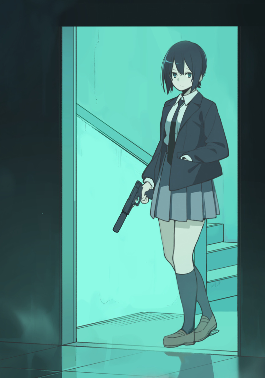 1girl absurdres akagawa007 black_hair blazer blue_eyes glock gun hand_in_pocket handgun highres holding holding_gun holding_weapon jacket loafers necktie original pleated_skirt school_uniform shoes short_hair skirt solo suppressor trigger_discipline weapon