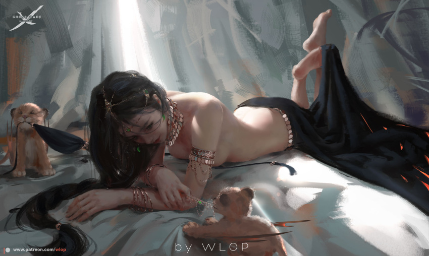 1girl artist_name bare_shoulders barefoot biting bracelet brown_hair cat commentary copyright_name fingernails ghostblade hair_ornament highres jewelry long_hair looking_down lying on_stomach patreon_username tied_hair wlop