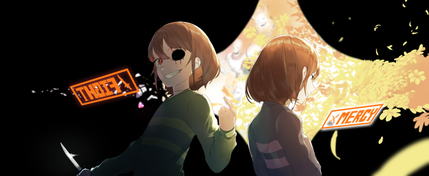 1girl 2others 3boys alphys asgore_dreemurr black_background blurry brown_hair chara_(undertale) closed_mouth commentary depth_of_field english evil_grin evil_smile flower frisk_(undertale) grin head_tilt heart heart_necklace highres holding holding_knife knife long_sleeves missing_eye multiple_boys papyrus_(undertale) petals profile red_eyes sans smile striped striped_sweater sweater undertale uta_(xuyansong1996)